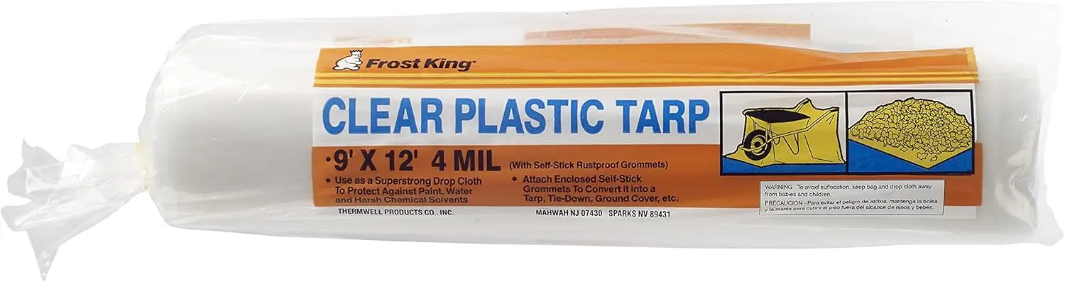 

Clear Plastic Drop Cloth with Grommets, 9' x 12' x 4 Mil Thick, Tarp-Strength for Protection