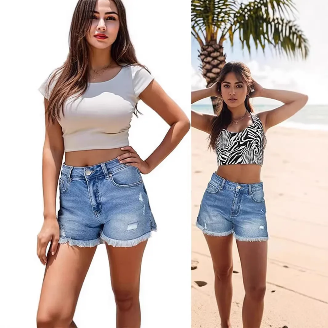 

Denim Short Pant Women Jeans Vintage Pants Slim Fit High Waist Straight Trousers Hole Y2k Streetwear Elegant Splice Work Casual