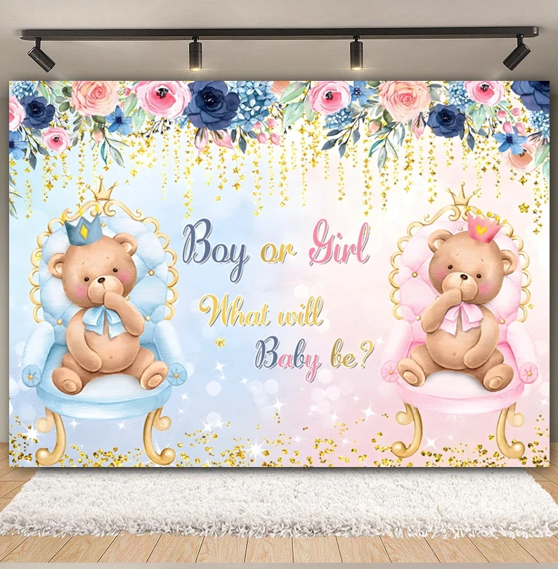 Gender Reveal Boy Or Girl Backdrop He Or She Blue Pink Balloon Elephant Bear Baby Shower Birthday Party Photography Background