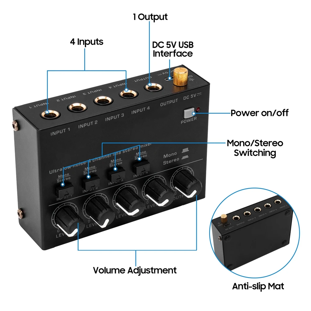 Y96A Ultra Low Noise 4 Channel Line Stereo Mixer 4 Input 1 Output DC 5V Portable Mini Audio Mixer Microphone Keyboard US PLUG