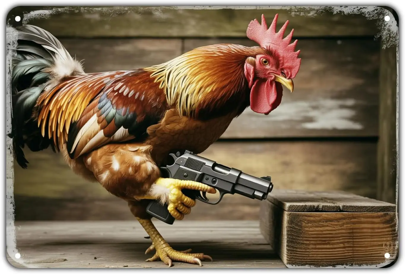 Rooster with Gun tin sign Vintage Funny Chicken Metal Sign Print Aesthetic for Garden Yard Bar Porch Home Bedroom Kitchen Wall D