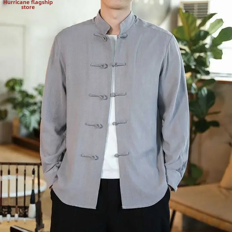 Vintage Casual Men's Long Sleeve Shirt Autumn Tang Suit Button-up Chinese Style Clothing Clearance Sale