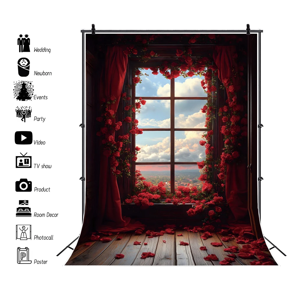 Sfondo fotografico di San Valentino Rosa rossa Fiori Cuore d'amore Interno Camera Compleanno Matrimonio Photocall Sfondo Photostudio