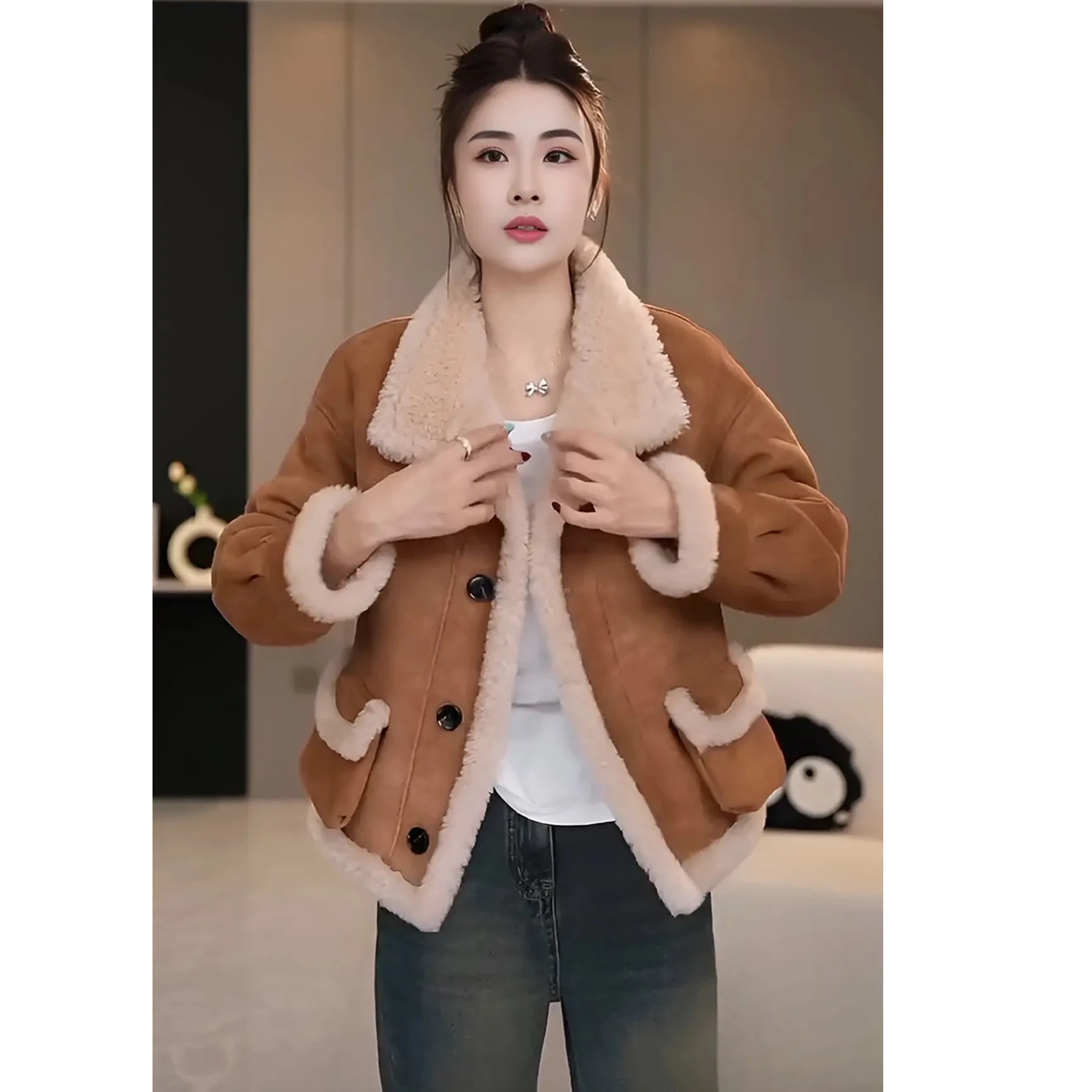 

2025 Winter New Sle Women's Casual Thiened Warm Motorbike Jaet ort Outerwear Anti-Fur Surface Commute Faion Polyest...