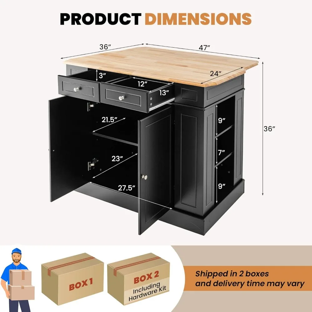 Kitchen Island with Drop Leaf, Kitchen Storage Cabinet with Rubber Wood Top, 2 Drawers, 5 Adjustable Shelves & Spice Racks