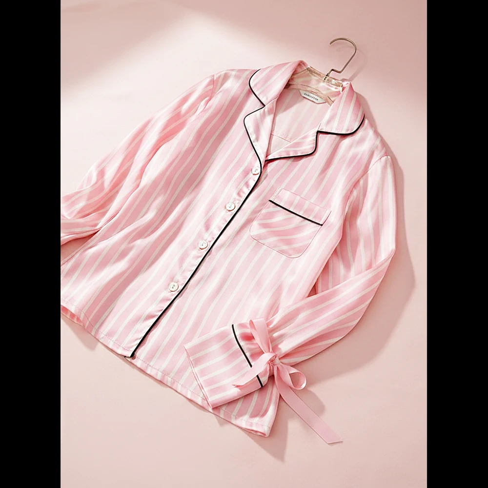 Conjunto de pijama sexy para mulheres, calças e camisas listras, seda, pijama macio, tamanho grande, roupa caseira, primavera aconchegante, estampa