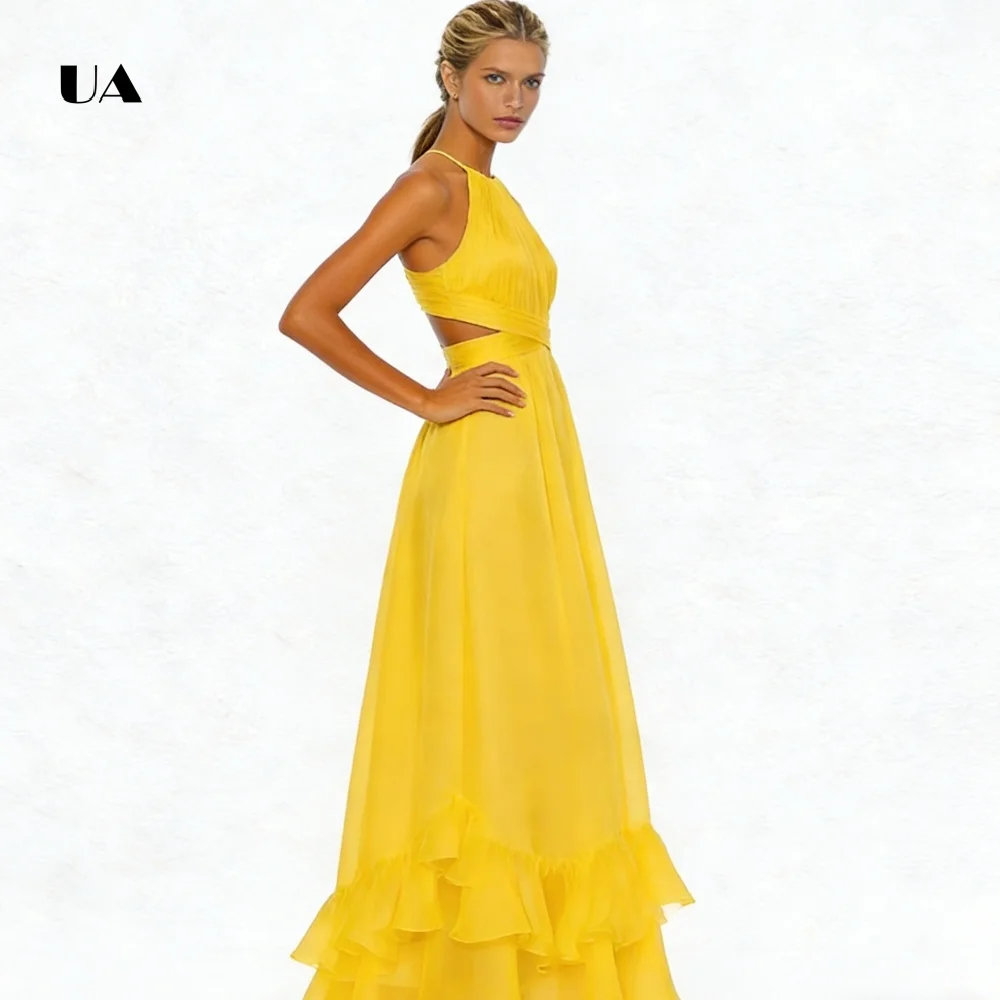 فستان حفلة موسيقية شيفون على شكل حرف A من ULBYANRY مع حاشية مكشكشة متدرجة، فستان سهرة بقصة رسن سادة، فستان حفلات مخصص بدون أكمام