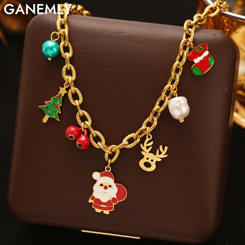 

GANEMLY 316L Stainless Steel Christmas Santa Bell Pearl Pendant Necklace For Women New Trendy Neck Chain Jewelry Christmas Gift