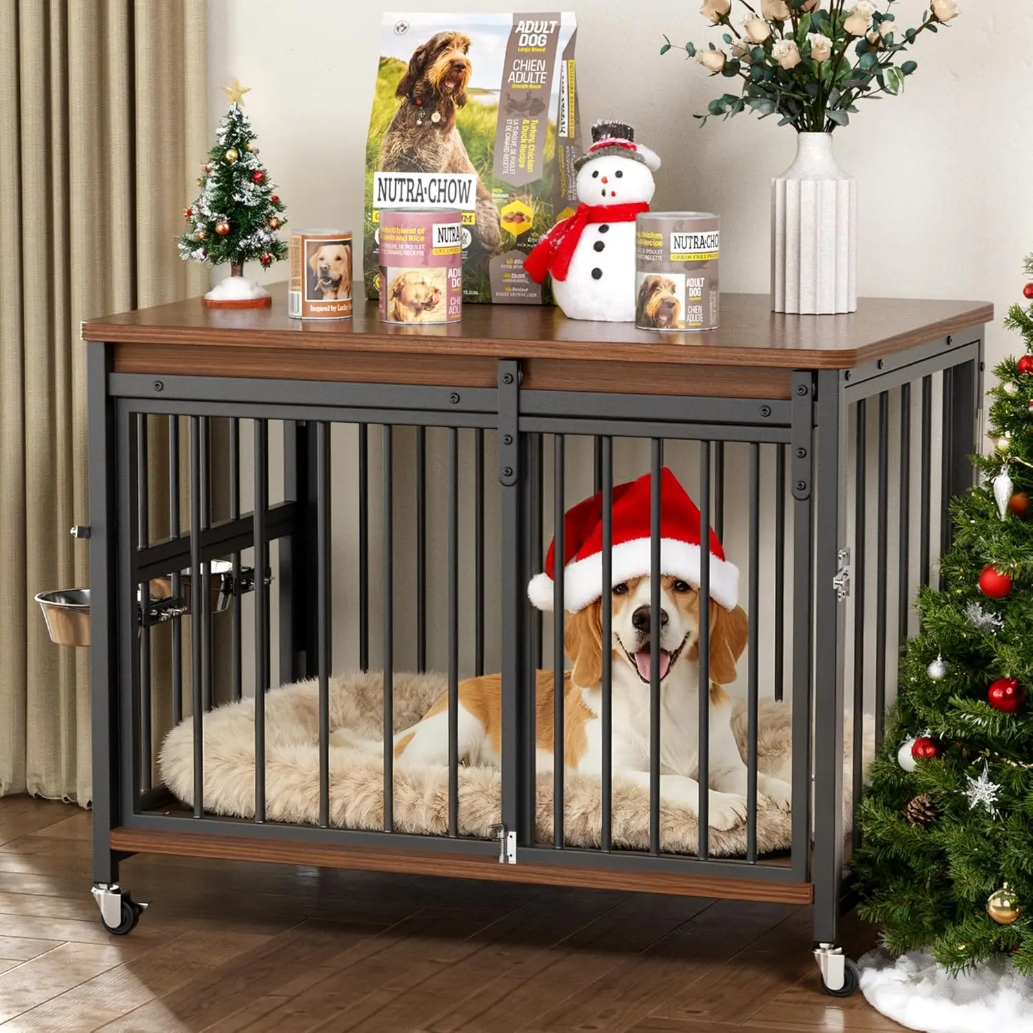 أثاث صندوق الكلاب، بيت كلب خشبي مقاس 32 بوصة داخلي مع باب أمامي منزلق، فتحات متعددة الجوانب ونافذة تغذية بيت قفص الحيوانات الأليفة