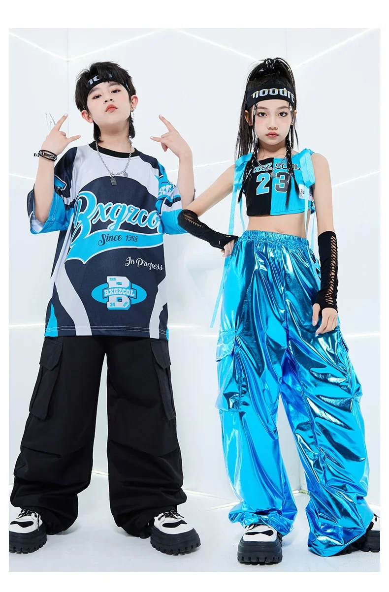 Neues, cooles, leuchtend blaues Street-Dance-Kostüm, Kinder-Jazz-Mode, Kleidung für Jungen und Mädchen, Hip-Hop-Oberteile in Oversize-Passform, Hosen, Outfit für Laufsteg-Shows. – Detail 4