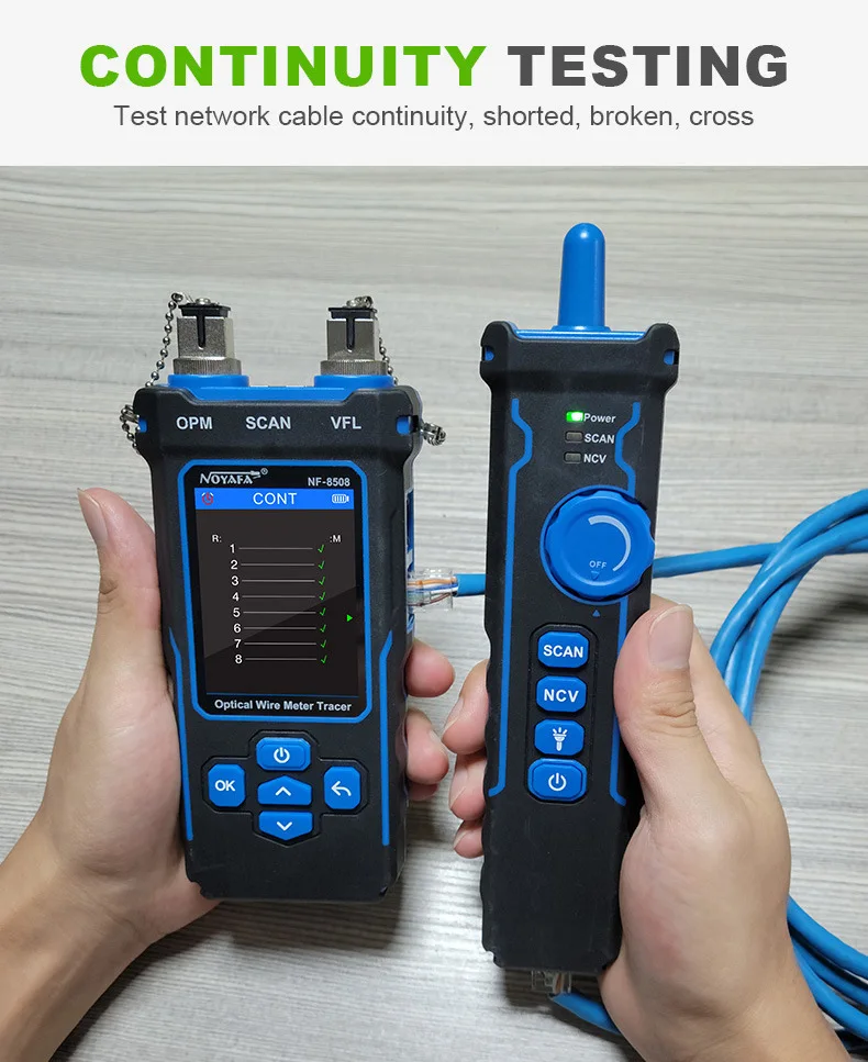 Imagem -02 - Noyafa-medidor de Fibra Óptica com Visual Fault Locator Detector de Cabo Opm Mapa de Fio Cat5 Cat6 Medição de Comprimento Poe Tes Nf8508