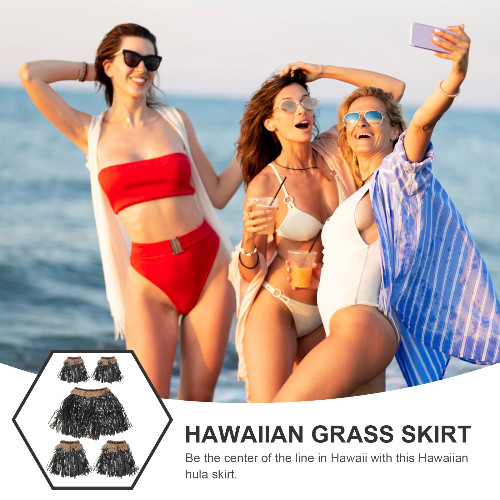 

5Pcs Grass Skirt Set Hawaiian Elastic Waistband Tropical Theme Party Costume Arm Bands Leg Bands Grass Skirt