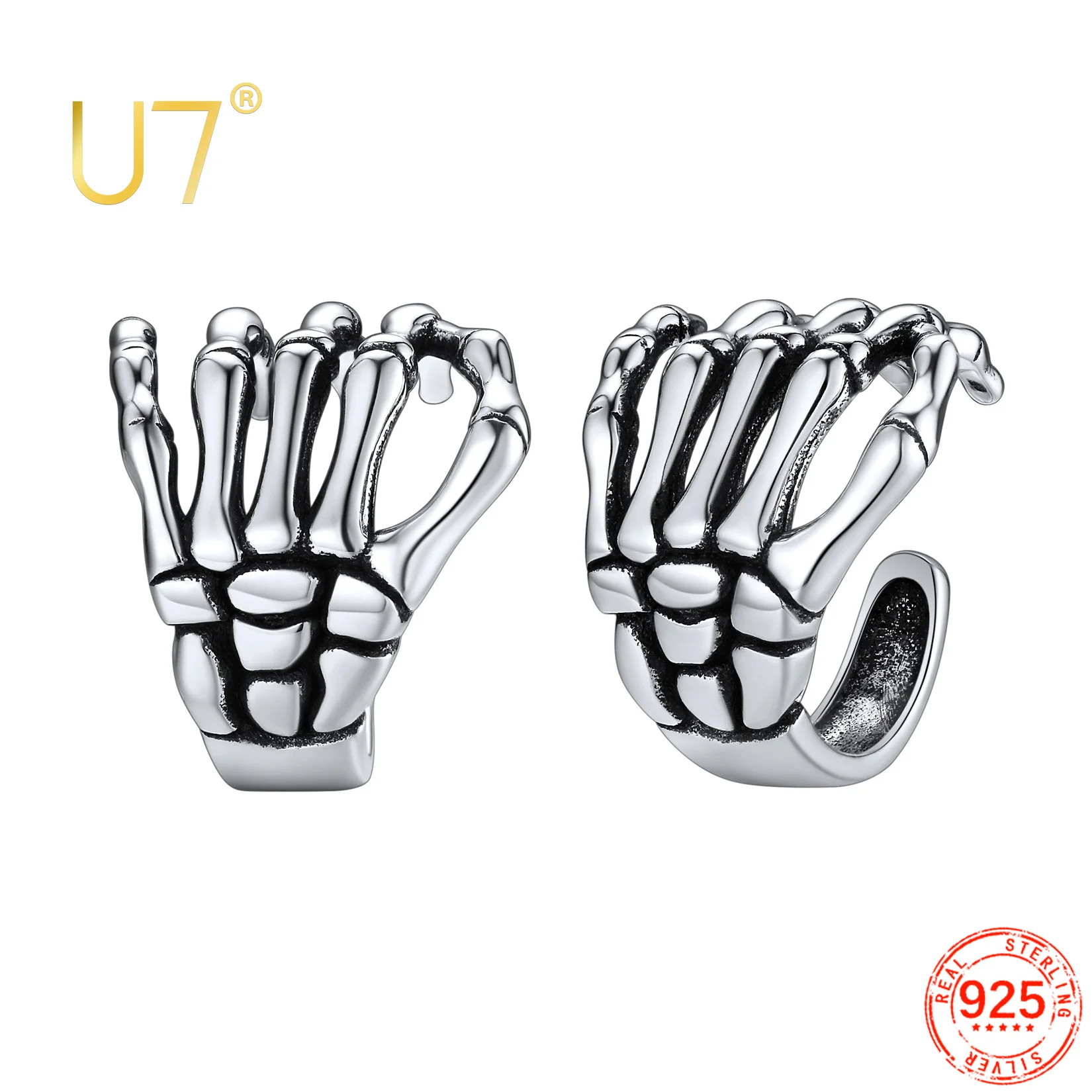 U7 925 Sterling Silver Hand Skeleton Earring Ear Cuff Non Piercing Hollloween Style Punk Gothic Anitique Silver Unisex Jewelry