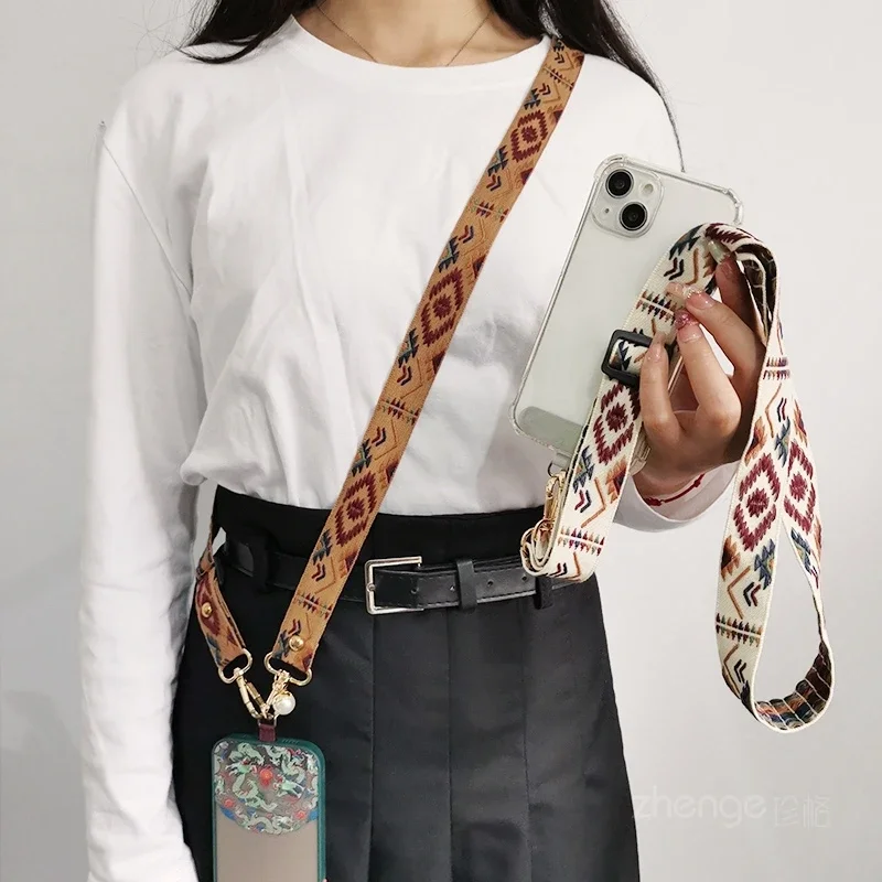 Long Crossbody Can Shoulder Pendant Retro Totem Pattern Pendant Pearl Pendant  Mobile Phone Shell Universal Rope Keychain Strap