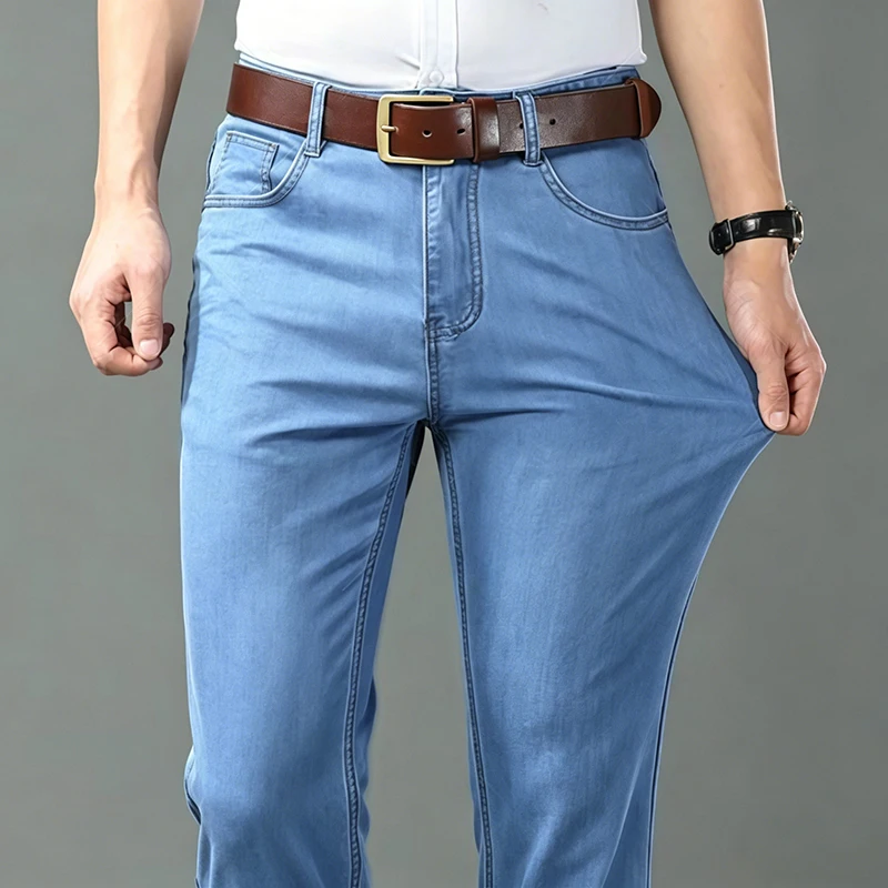 

Summer Ice Silk Jeans Men's Fashion Elastic Straight Denim Pants Soft Lightweight Spring Summer Business Casual Trousers