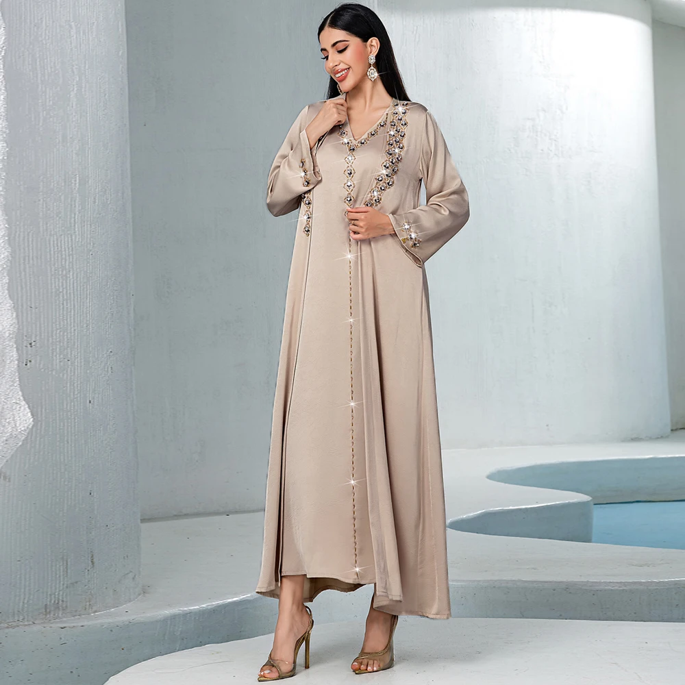 2PCS Ramadan Dubai Abayas Diamonds Muslim Sets for Women Matching Dress Turkey Kaftan Kebaya Kimono Jalabiya Open Abaya Caftan