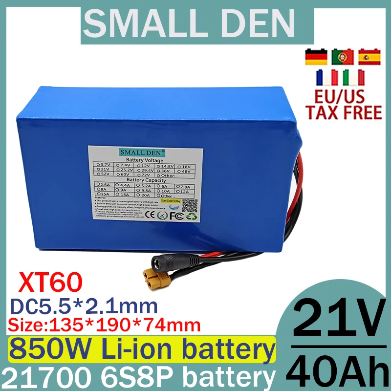 New 21V 40Ah 21700 6S8P A-class lithium battery pack, 0-850W high-power off-road vehicle, electric vehicle, swimming boat, boat