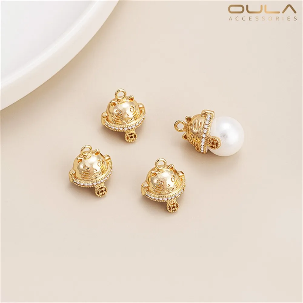 1pcs 14K Gold-plated Zircon Maneki Neko Round Bead Pendant Set, Diy Sticky Crystal Pearl Half-hole with Needle Pendant Set