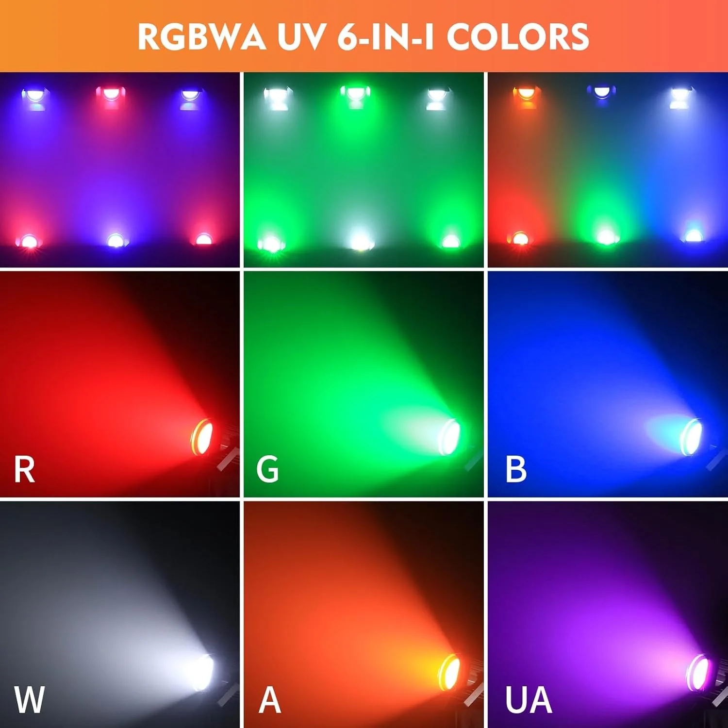 200W Stage Par Lights Spotlights with Barn Doors, RGBWA UV 6in1 COB Par Light, Warm & Cold White Uplights DMX512 Sound Activated