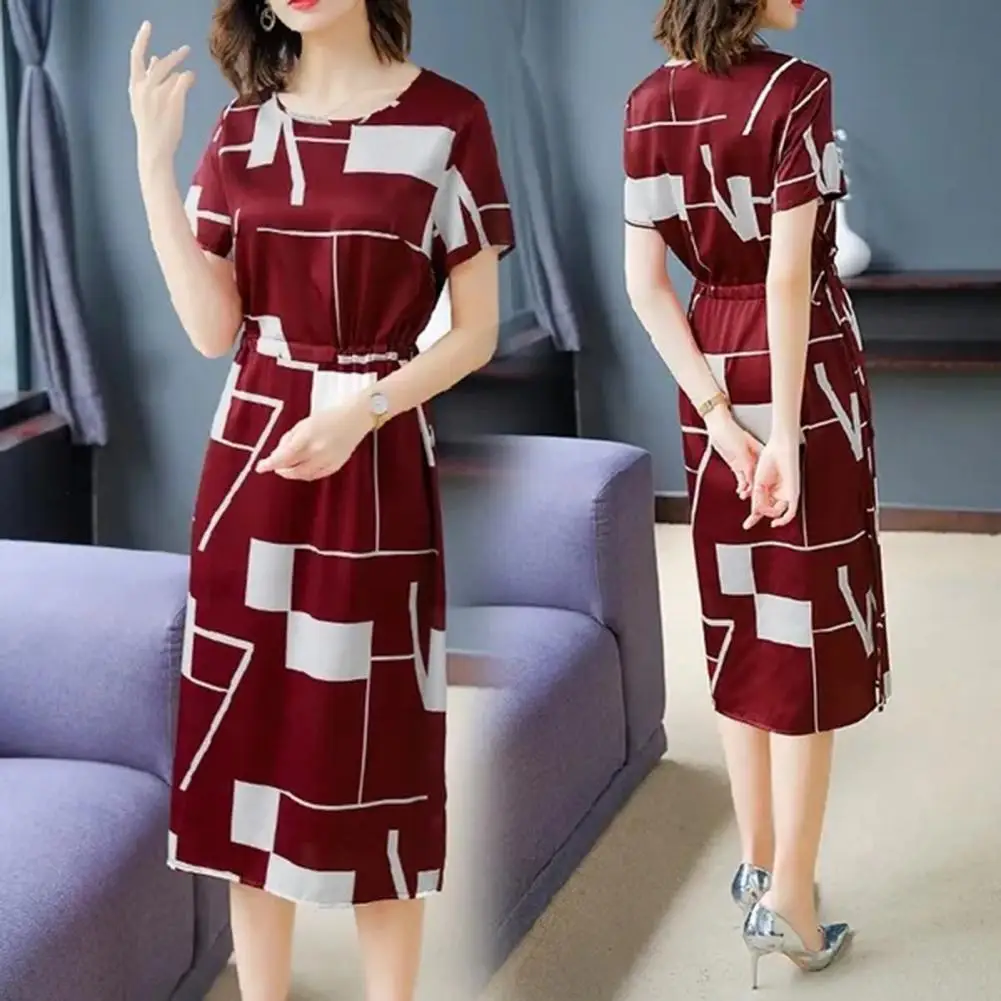 

Printed Dress Elegant Colorblock Print Business Dress for Women Slim Fit Knee Length Midi Dress with Short Sleeves for Shopping