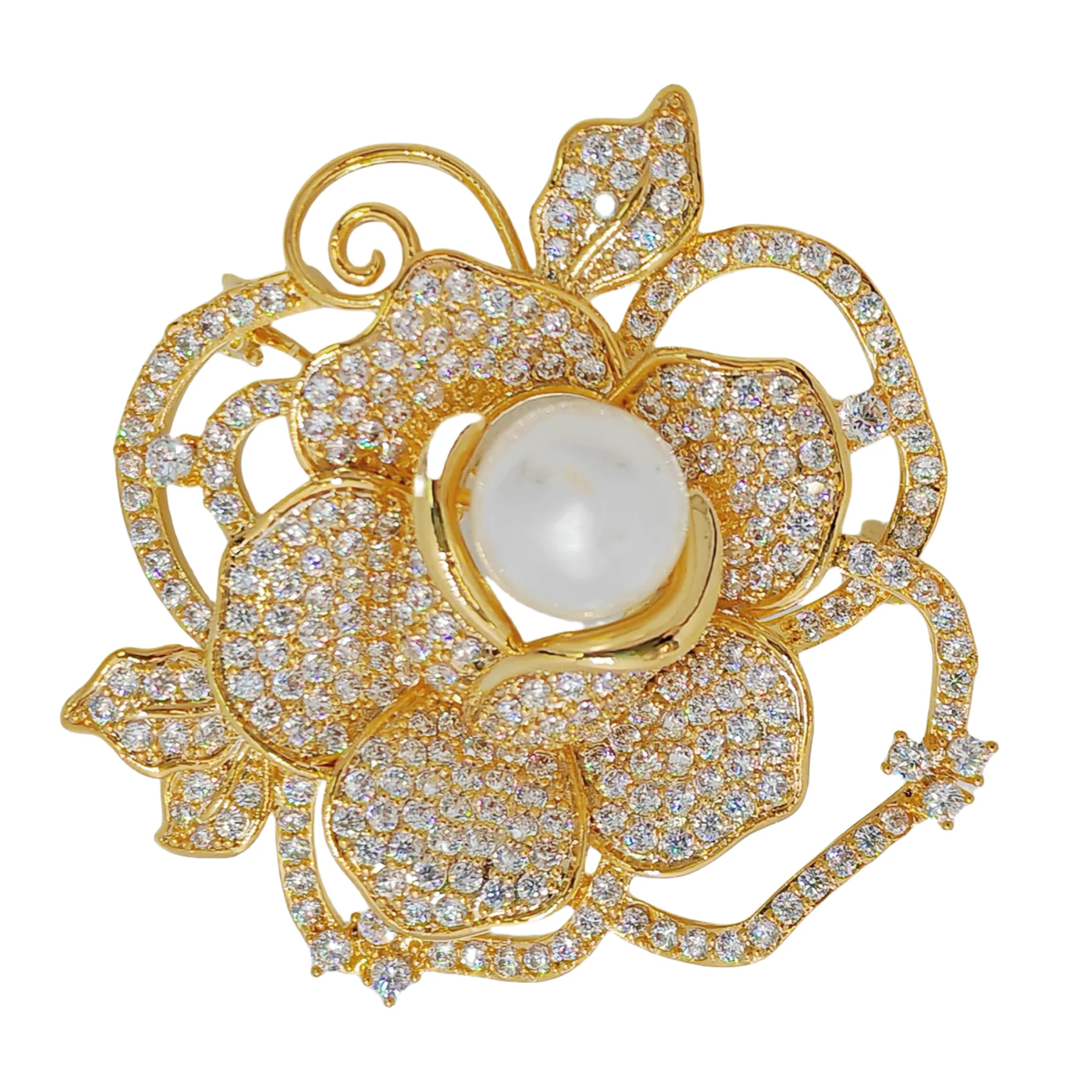 

Classic Rose Brooch with Simulated Pearl Micro Pave Detailing – Noble and Elegant Gold Tone