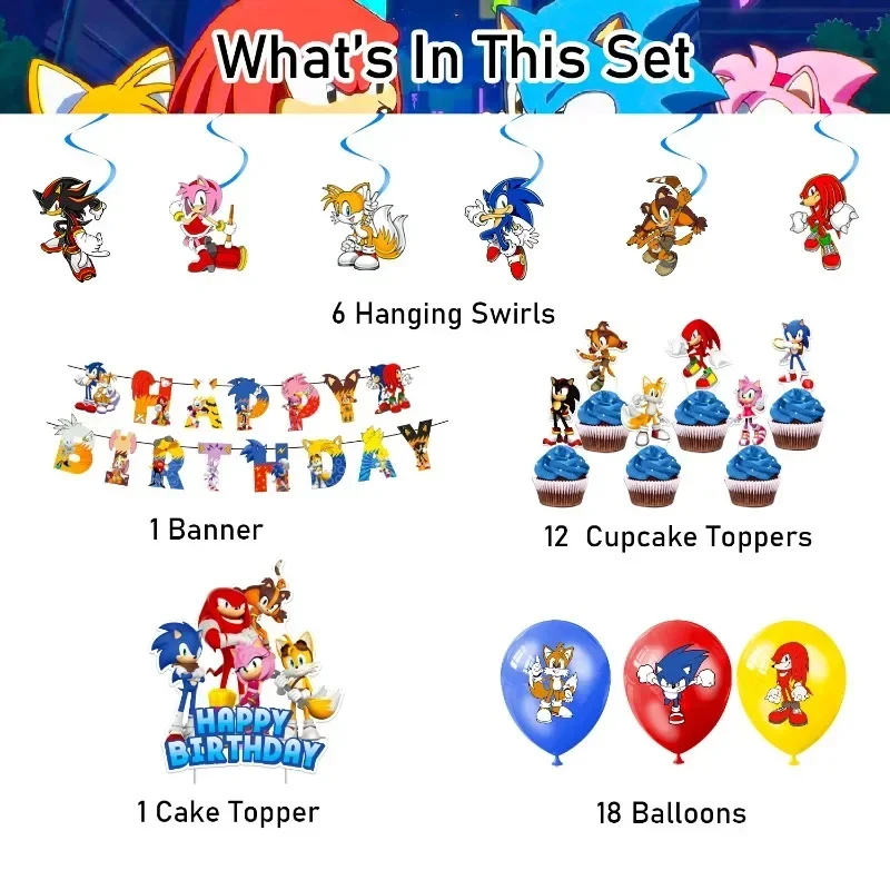 

4Pcs Sonics Theme Birthday Party Decorations Kit Including Banners Cake Toppers Balloons Spiral Hanging Swirls Party Supplies