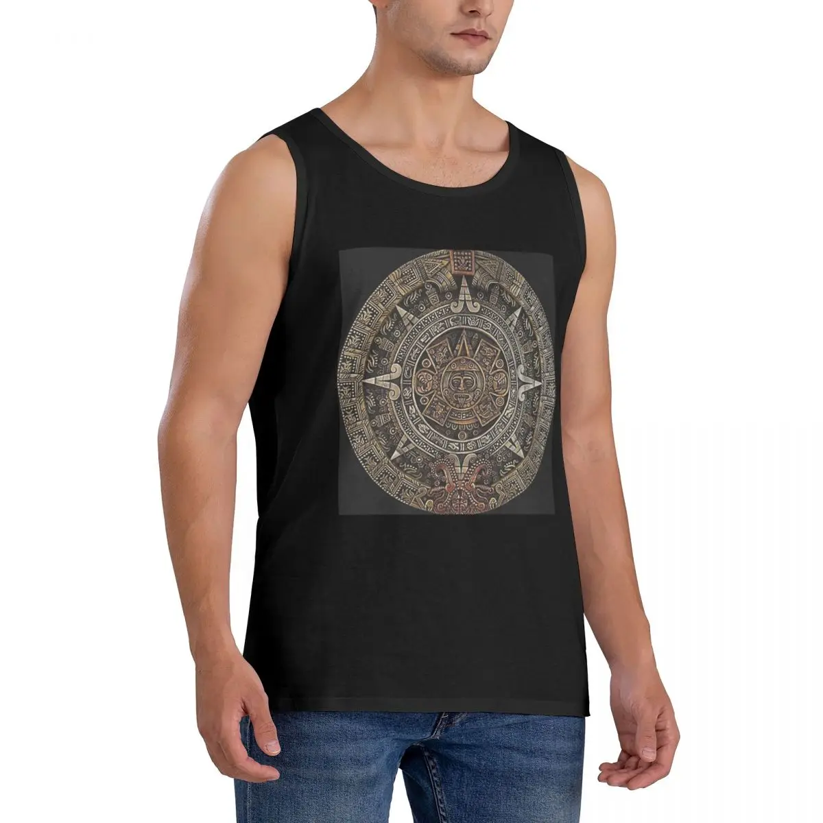 100% Cotton AztecMayan Calendar In Gold And Bronze Sleeveless T-Shirt Men Workout Sports Clothing Tops Men's Crew Neck Vest