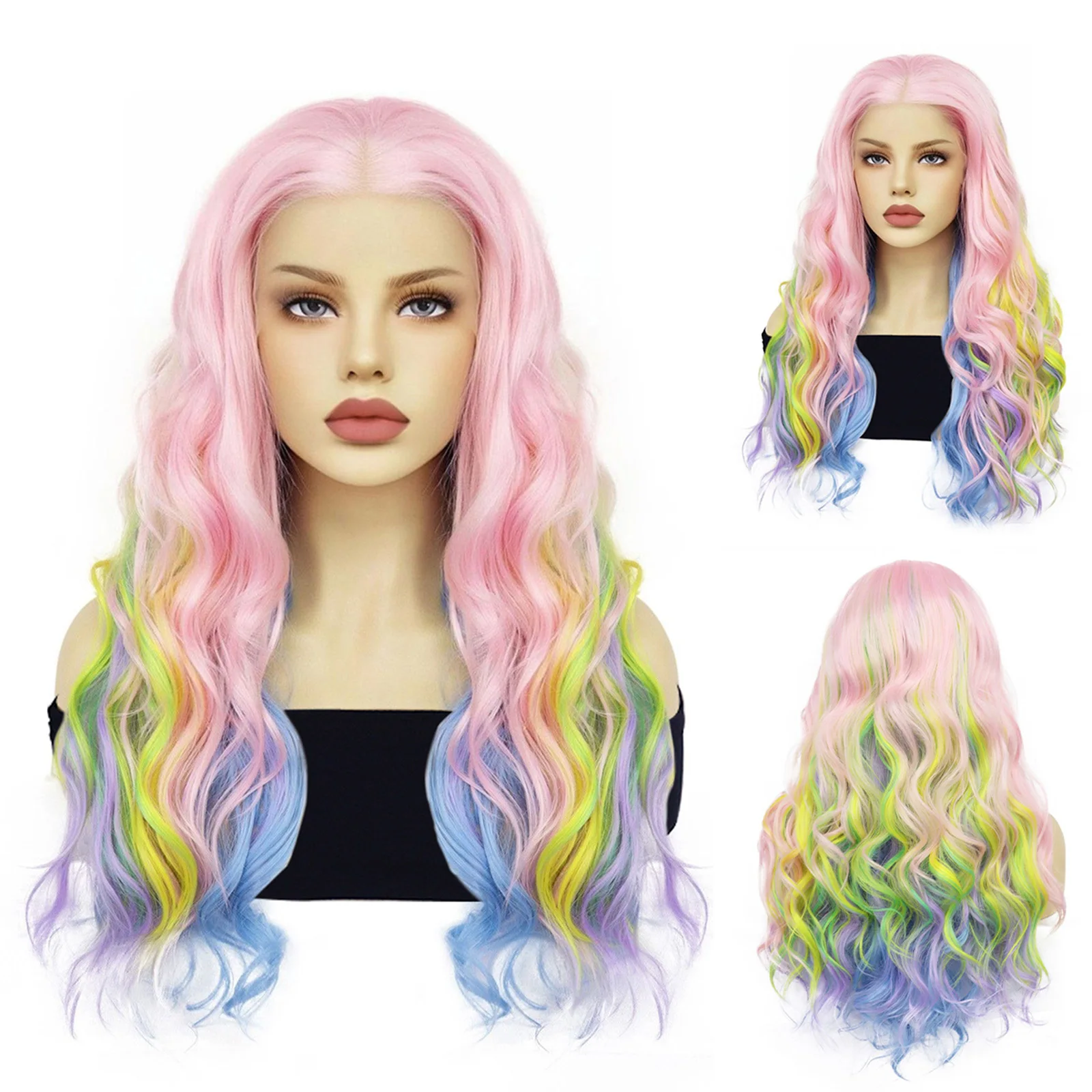 

13*3 Synthetic Hair Rainbow Multi-color Long Wavy Lace front Wig for Women 26 inch Colorful Loose Body Wave Lace Wig