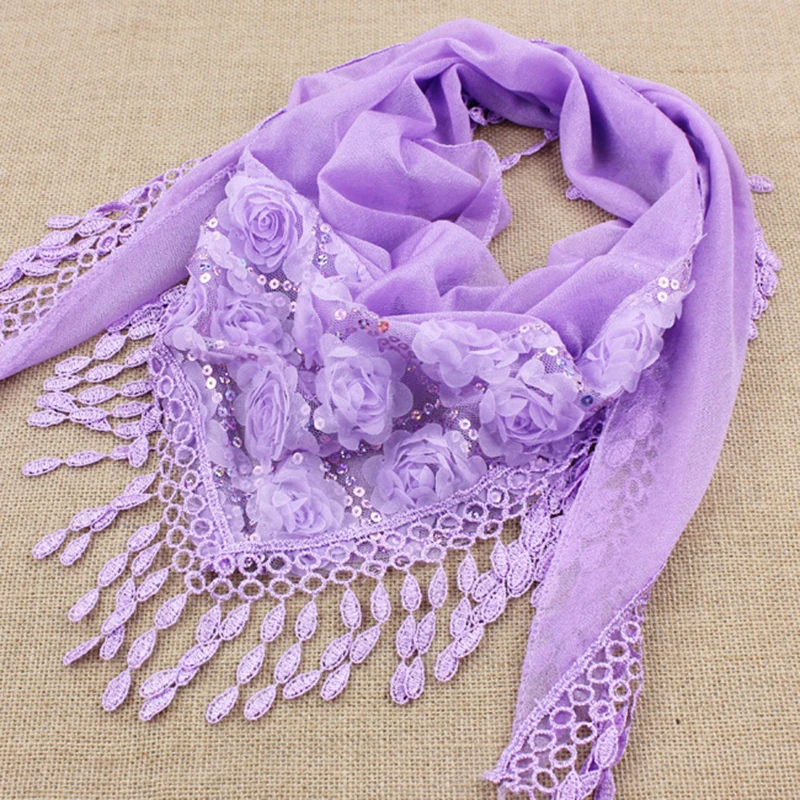 1PC New Fashion Female Women Tassel Shawls And Scarves Autumn Women Silk Flower Lace Triangle Pendant Scarf Fashion Women Scarf