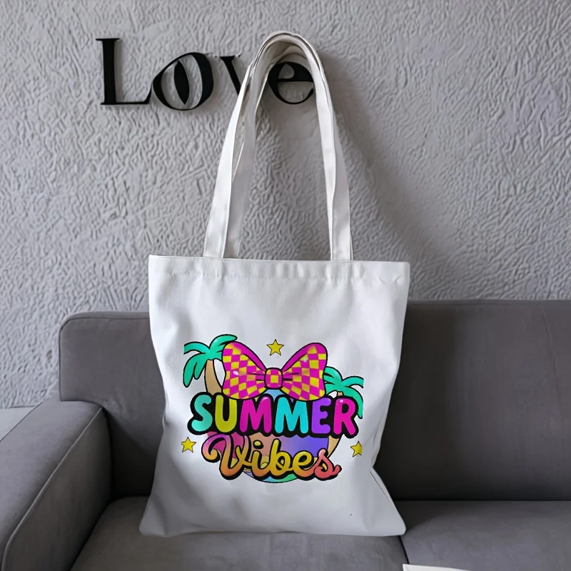 1pc Women'S Summer Tote Bag with Colorful Bow & Floral Print - 'SUMMER WIBES' Design, White Fabric, Fixed Shoulder Strap, Casual