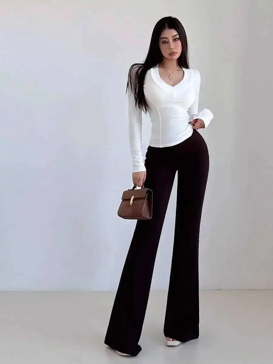 ارتفاع الخصر ضئيلة الطابق المعانقة مستقيم الساق طول متوهج قليلا السراويل بلون الحد الأدنى السراويل أزياء النساء LZD1