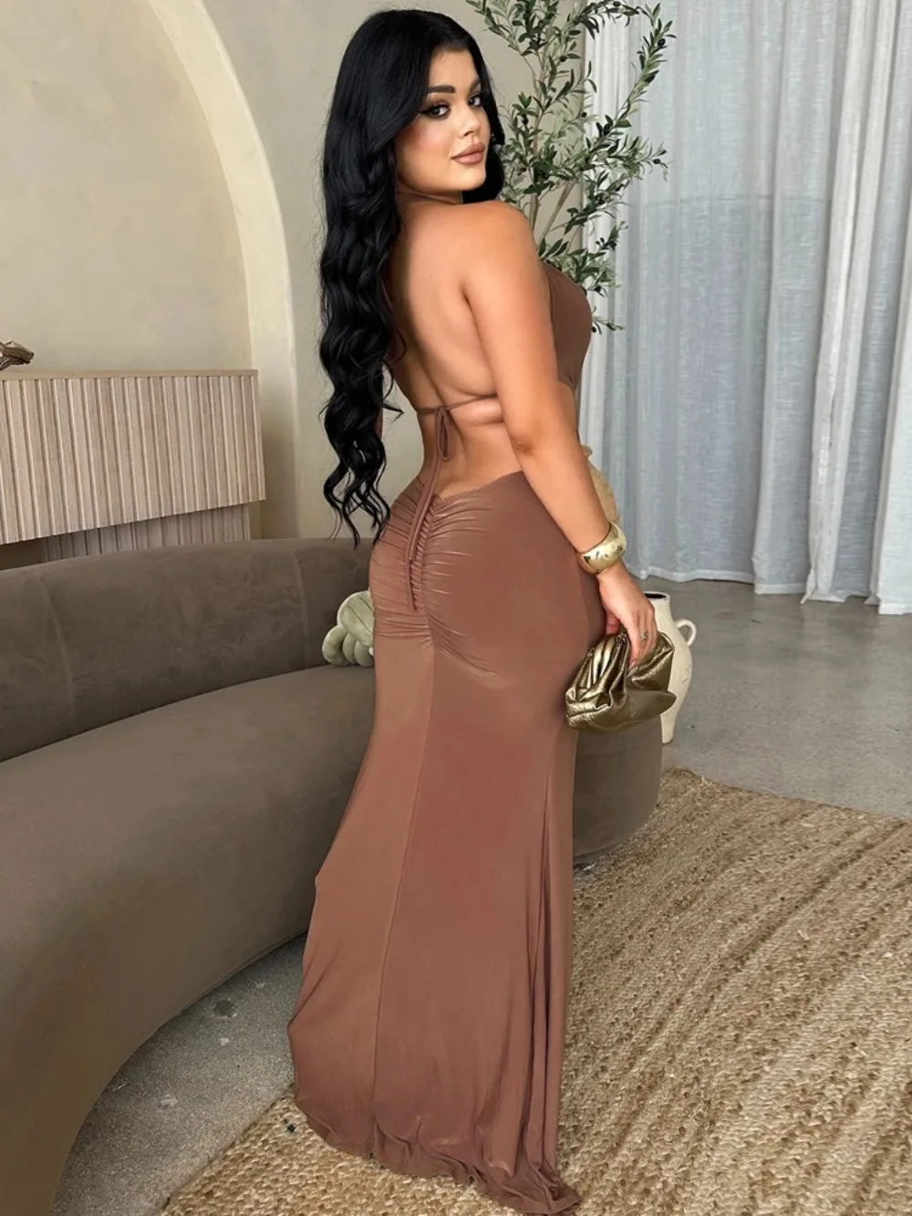 Sexy Cut-Out O-Rings Metal Ruched Maxi Dress Holiday Outfits Womens Lace-Up Bandage Party Dresses Night Out Vestidos