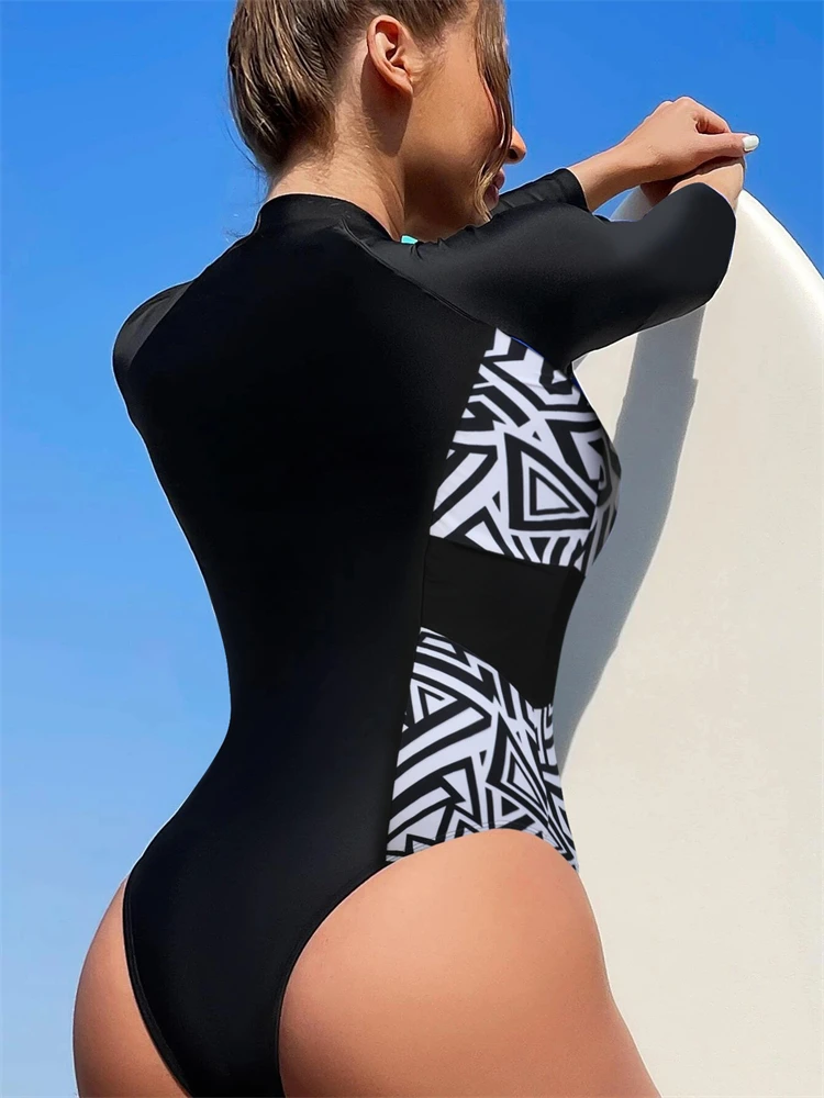 One Piece Swimsuit Women 2024 New Print Patchwork Bodysuit Sexy Zipper Long Sleeves Swimwear Summer Beach Bathing Suit Female