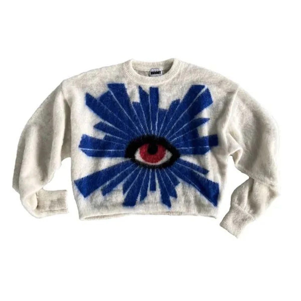 Retro Knitted Sweater Unisex American Warm Sweater Men\'s and Women\'s Harajuku Eye Pattern Cotton Y2K Couple Pullover