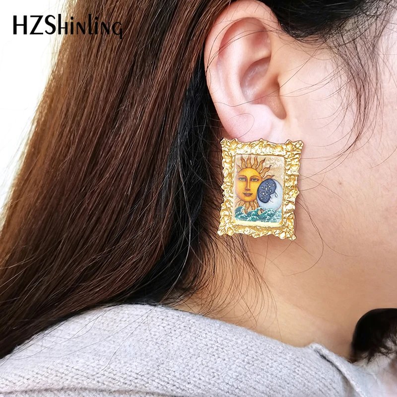 2022 New Gustav Klimt the Kiss Stud Earring Art Painting Square Earrings Retro Art Printed Glass Photo Jewelry