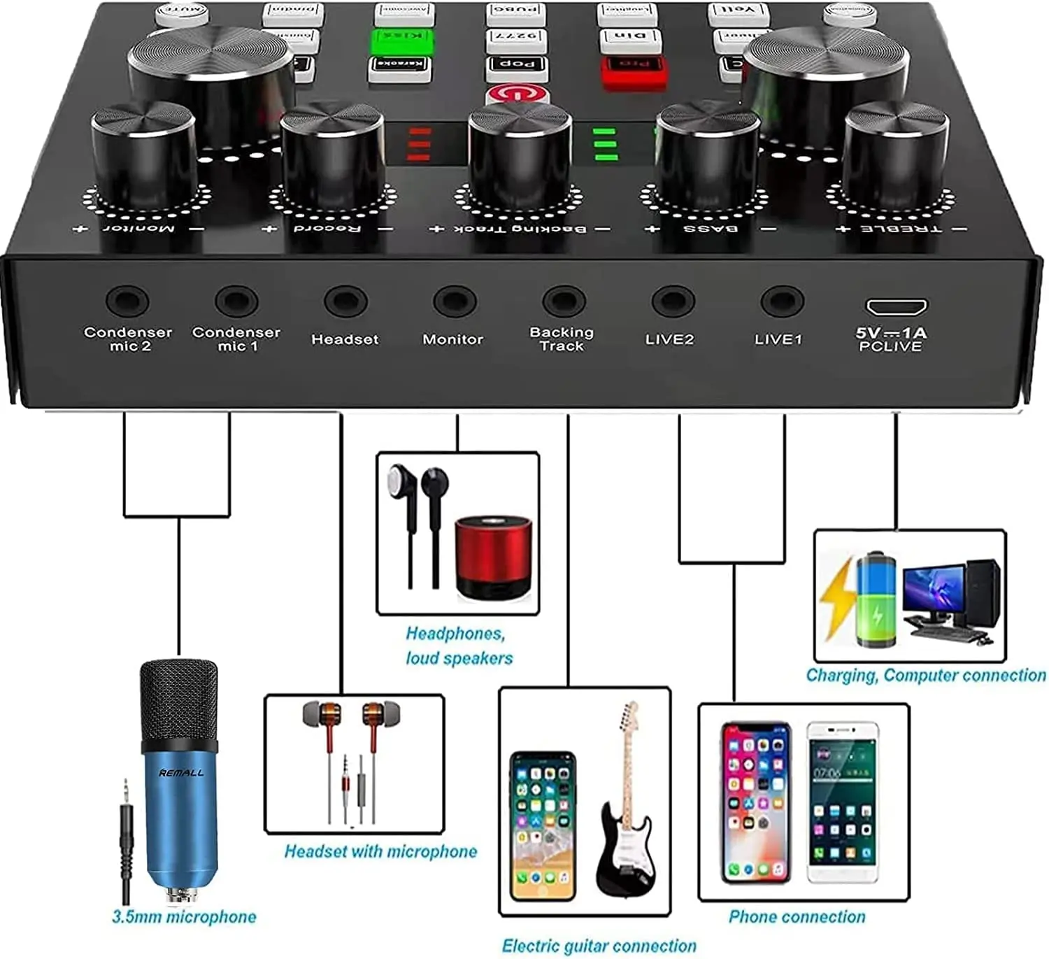 Professional V8S Sound Card Streaming Live Broadcast Podcast Recording Studio Equipment Voice Changer Audio Interface