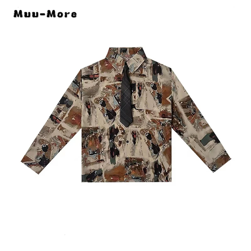 American Retro Printting Turn-down Collar Loose Blouses 2024 Spring Women's Casual High Street Long Sleeve Baggy Shirts Top