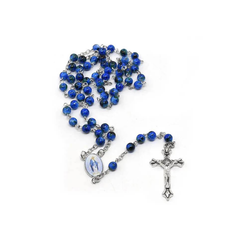 Vintage Glass Sapphire Blue Striped Beads Cross Pendant Rosary Necklace Christian Prayer Beads Jewelry Accessories Baptism Gifts