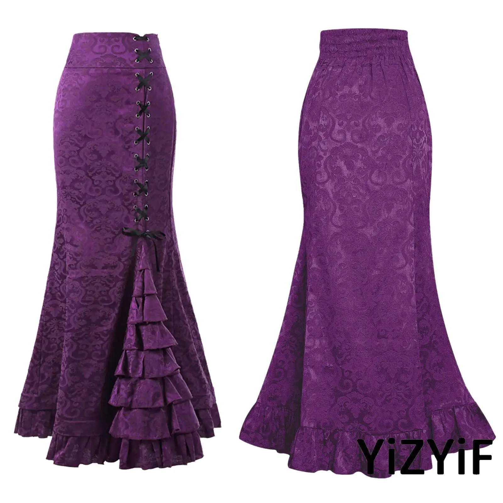 

Womens Gothic Punk Jacquard Maxi Skirt Side Lace-up Cascading Ruffles Vintage Medieval Fishtail Skirt for Medieval Roleplay