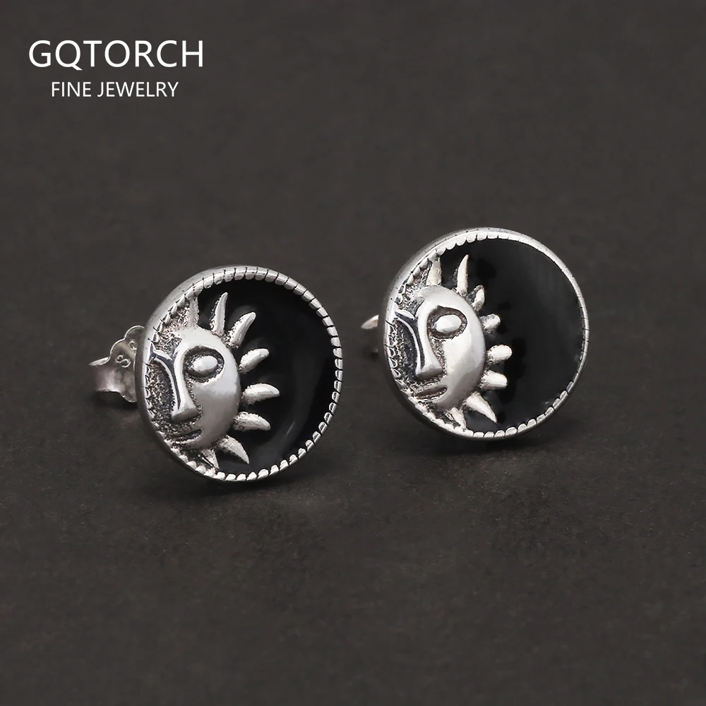 

9mm 925 Sterling Silver Sun Black Enamel Round Shaped Stud Earrings for Men Women Star Ear Studs Punk Retro Fashion Jewelry