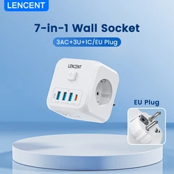 LENCENT ue wtyczka zasilania taśmy z 3 gniazda AC + 3 porty USB do ładowania + 1 typ C 5V 2.4A Adapter 7-w 1 gniazdo wtykowe On/Off przełącznik