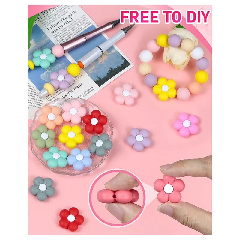 24 peças de contas de silicone, flores e amuletos fofos para chaveiros diy, canetas, pulseiras, colares, cordões e materiais de artesanato