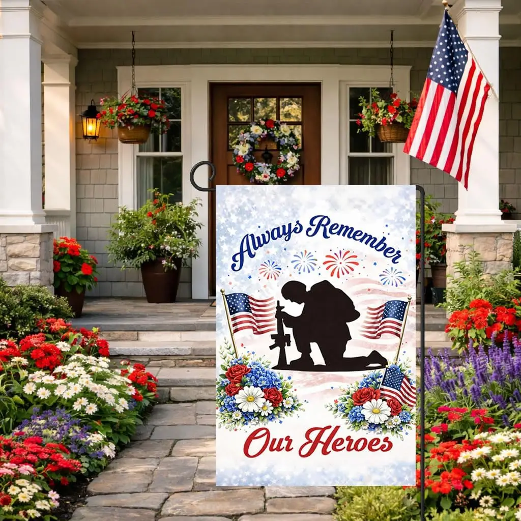 Memorial Day Garden Flag 12x18 Inch Double Sided Always Remember Our Heroes, US 250 Anniversary 1776-2026 Patriotic Soldier  AAS