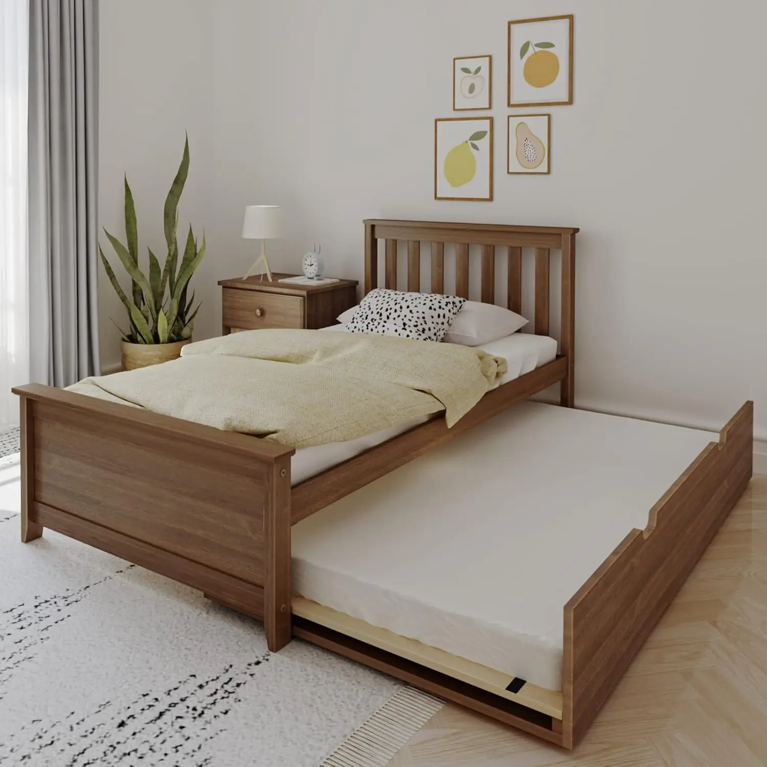 Twin Bed Wood Bed Frame with Headboard for Kids with Trundle Slatted Walnut 81.5