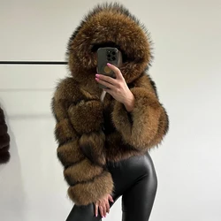 Fashion Hooded Fur Coat Jacket Women Real Fur Coat Fox Fur Winter Short Thick Raccoon Fur Jacket Female Fur Coat Natural Fur
