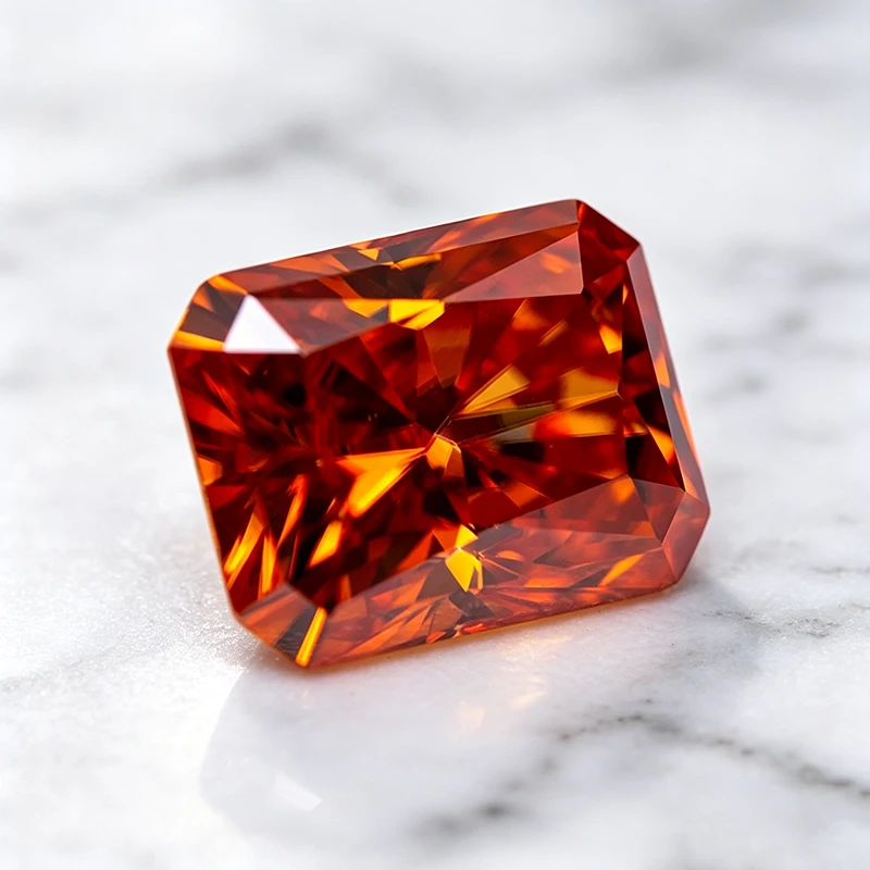 Moissanit-Stein im Radiant-Schliff, orange Farbe, im Labor gezüchteter Edelstein für DIY-Anhänger und Schmuckherstellung, besteht den Diamanttester mit Zertifikat. – Detail 4