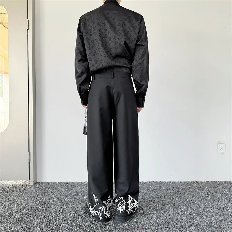 NOYMEI Black Pleated Wide Leg Suit Pants All-match Temperament 2024 Spring New Chinese Style Bamboo Printing WA4099