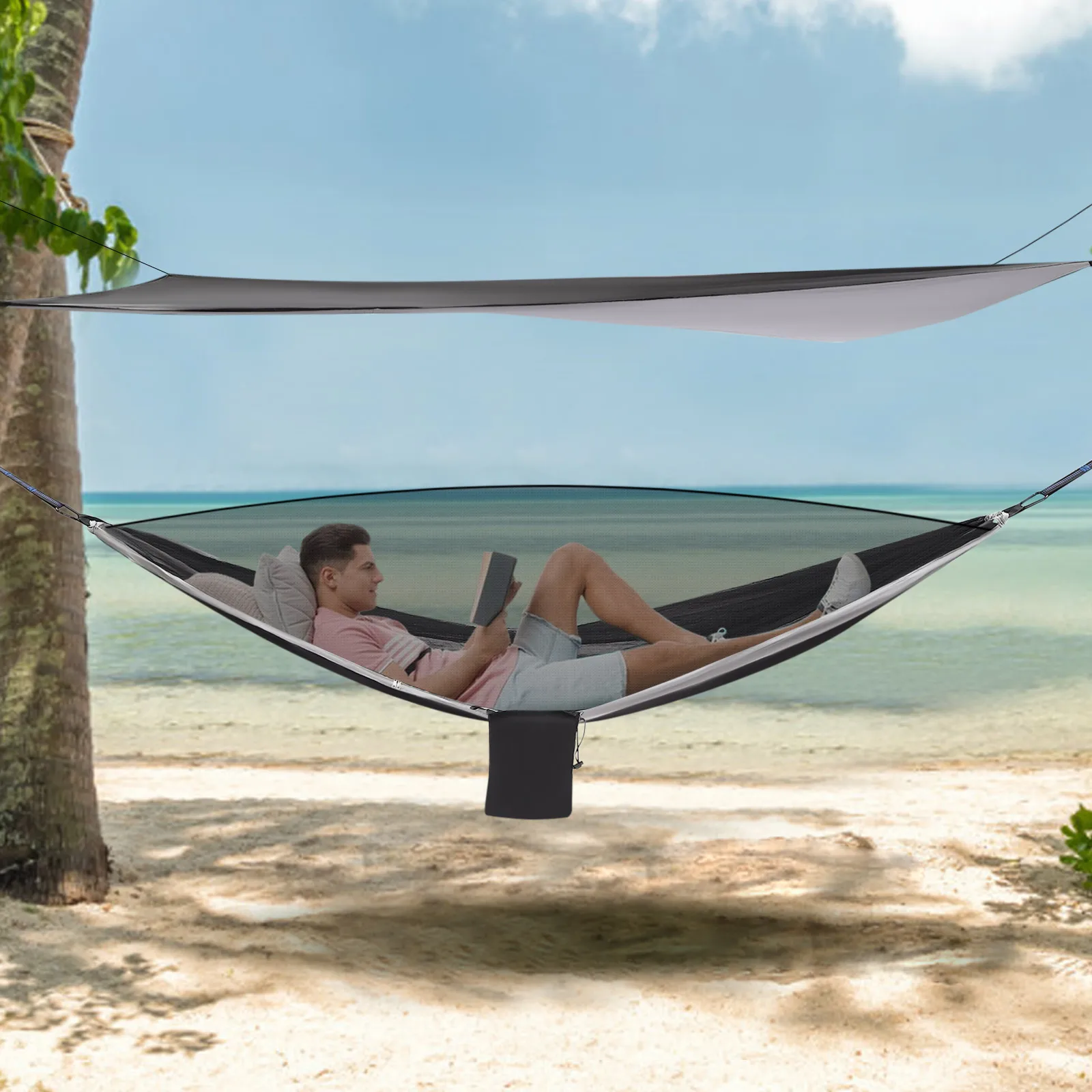 Hamaca de Camping de 290*140cm, Hamacas con Mosquitero y Toldo Impermeable, Hamaca para Mochilero, Senderismo, Camping