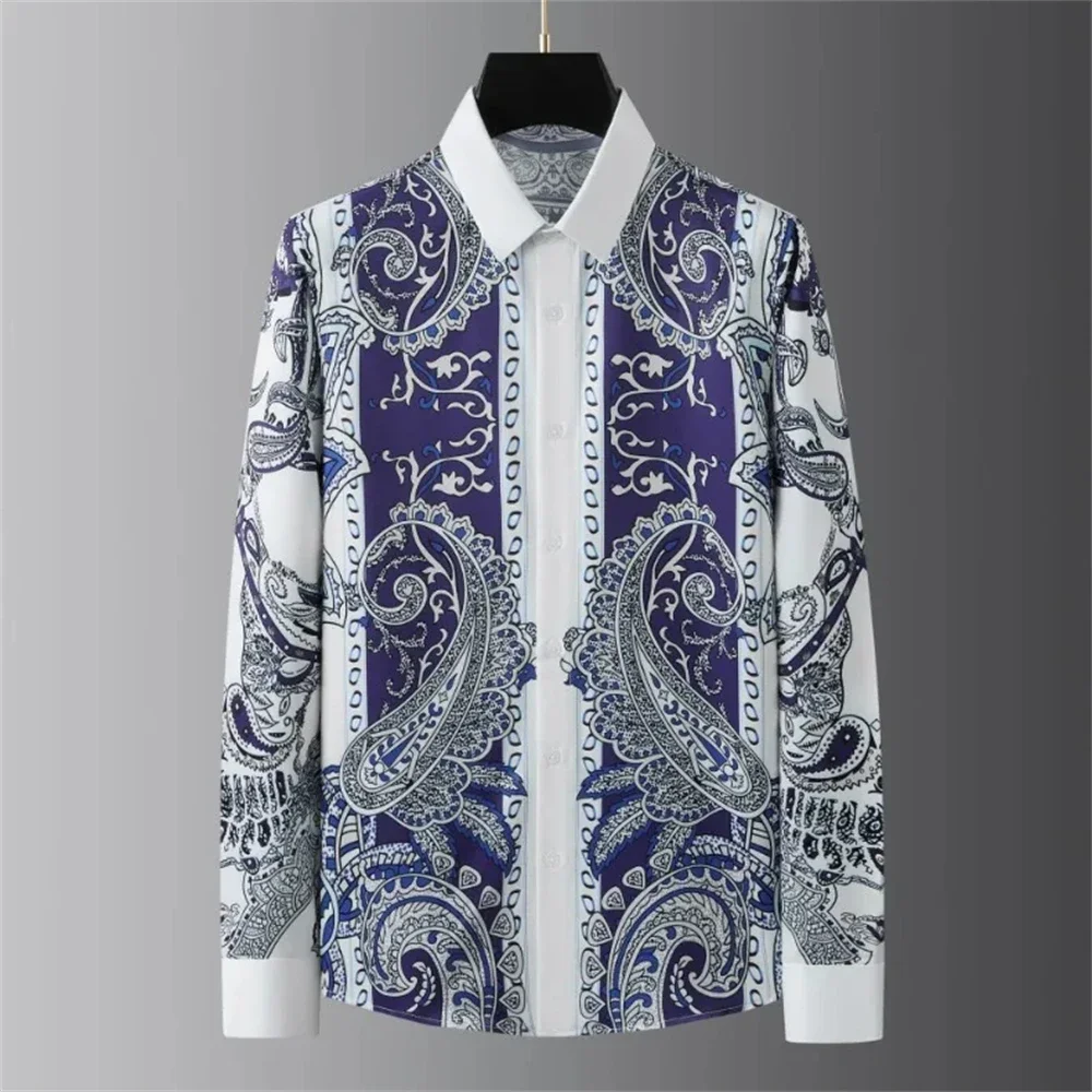 Luxury printed shirt men's long sleeved slim fit casual shirt, high-quality, fashionable, trendy, oversized clothing, fast deliv