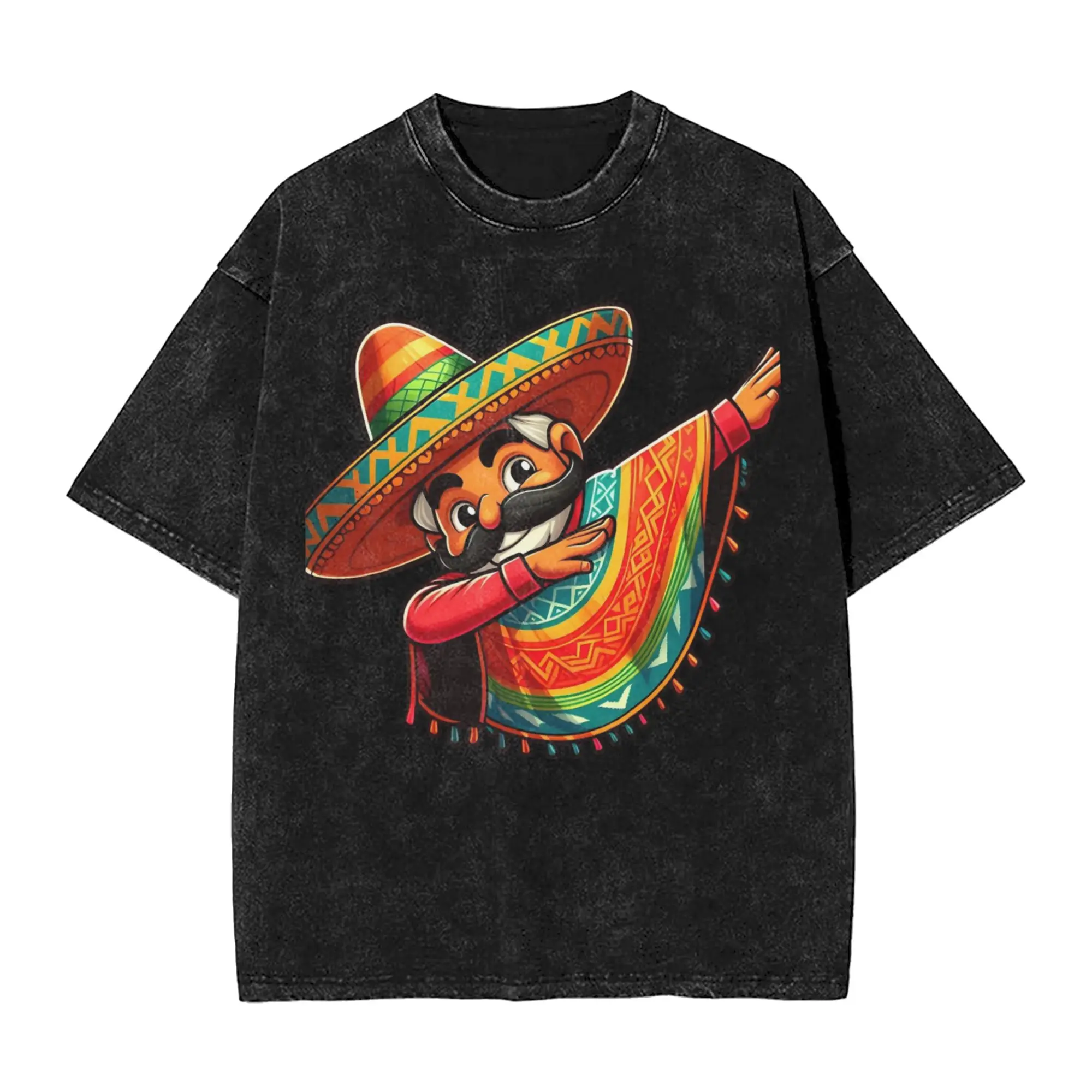 Dabbing Mexican Poncho Cinco De Mayo T Shirts Hip Hop Washed Short Sleeve Harajuku T-Shirts Vintage Men Tops Streetwear Tees